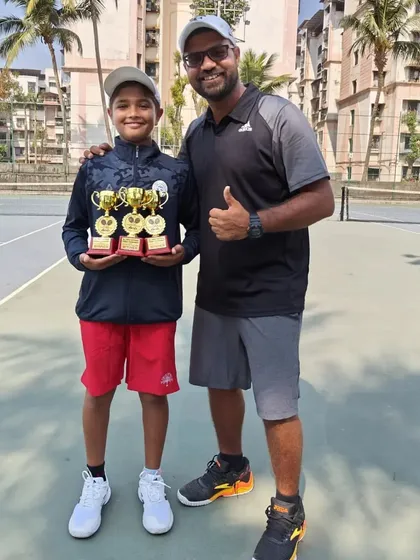 A triple crown victory. Aarav Chhallani holding three trophies after winning the U-12 Singles and both the U-14 Singles and Doubles titles at an All India Super Series in Jaipur. An incredible achievement.