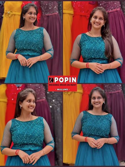 A collage showing different poses in the beautiful teal blue gown. It highlights the flattering fit and the way the color stands out against the backdrop of other outfits in my store.