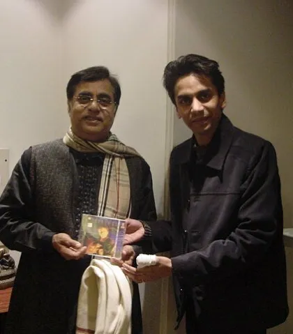 Jagjit Singh ji with my son, Vibhor Saini, holding a music album. I have always focused on bridging the gap between established legends and the next generation of artists.