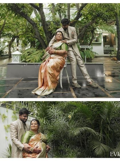 A collage from an outdoor maternity shoot, showing the couple in various poses amidst lush greenery. One shot features the husband lovingly standing behind his seated wife.