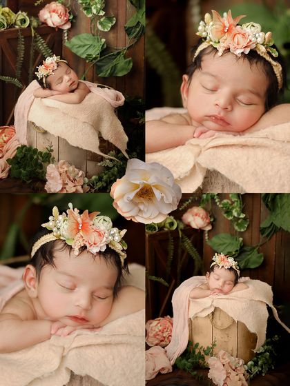 A collage celebrating our enchanted garden theme. It showcases close-ups of the baby's peaceful face with a floral crown, as well as wider shots of the beautiful, rustic setup.