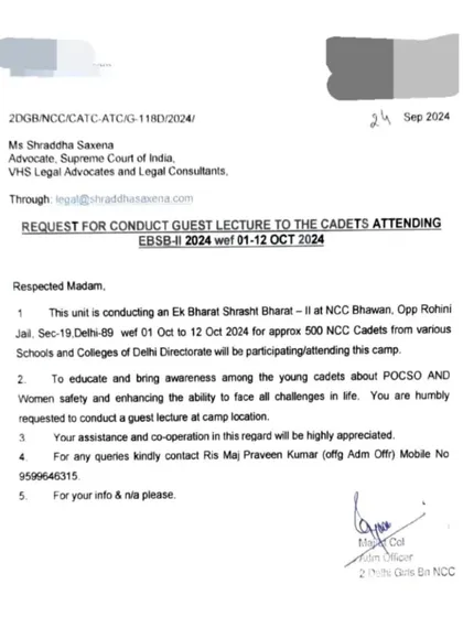 A formal request from the NCC to conduct a guest lecture for cadets on POCSO and Women's Safety, enhancing their ability to face challenges in life.