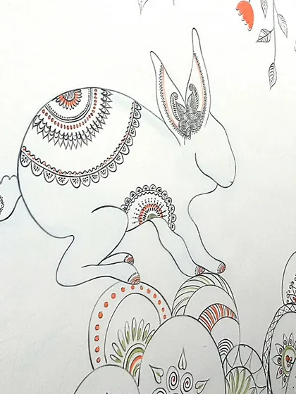 A rabbit with intricate patterns on its body, part of the staircase animal procession. These small details are what make a wall come alive.