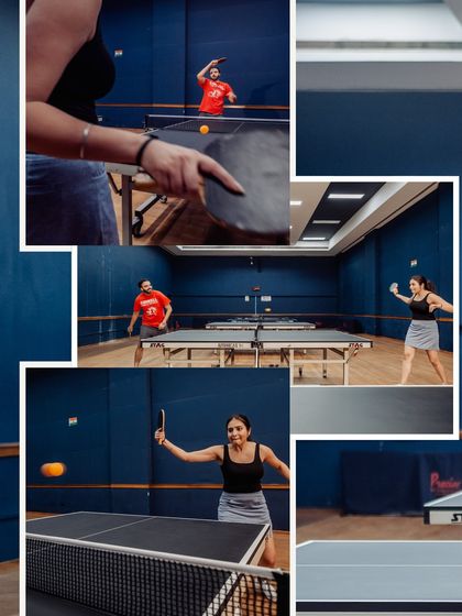 A dynamic collage from a table tennis-themed shoot. It captures the action and energy of the game, showing a different, more active side of a pre-wedding session.