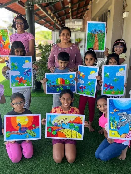 What a talented group! At the end of our five-day art camp, the kids were so excited to show off their colorful oil pastel paintings. I guide them through techniques, but their unique styles and color choices are what make each piece so special.