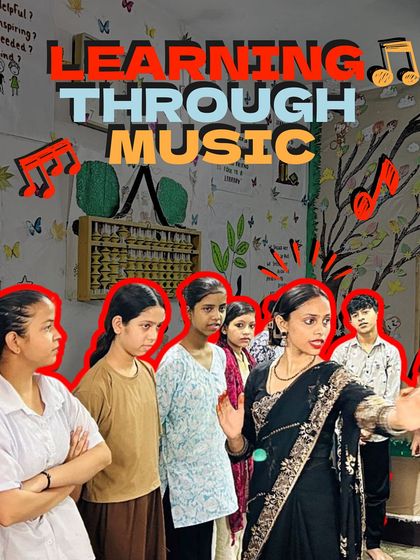 Our fellows lead a group of students in a standing vocal exercise. This image captures a moment of active participation and learning at the "Cooperative Outreach of India" center.