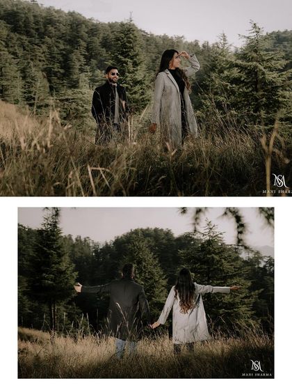 Capturing the feeling of freedom and joy in the mountains. This shot from the Shimla pre-wedding session shows the couple enjoying the beautiful scenery together.