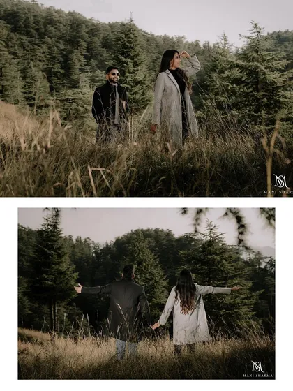 Feeling free in the mountains. This couple's pre-wedding shoot in Shimla was all about embracing the wide-open spaces and enjoying the stunning natural scenery together.