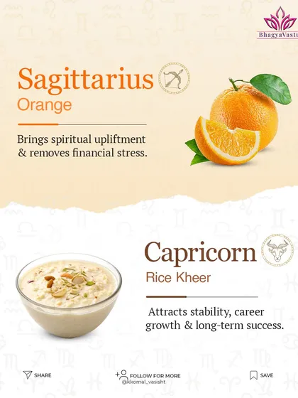 Offerings for Sagittarius and Capricorn. Sagittarius can offer oranges for spiritual upliftment and removal of financial stress. For Capricorns, rice kheer is the ideal offering to attract stability and career growth.
