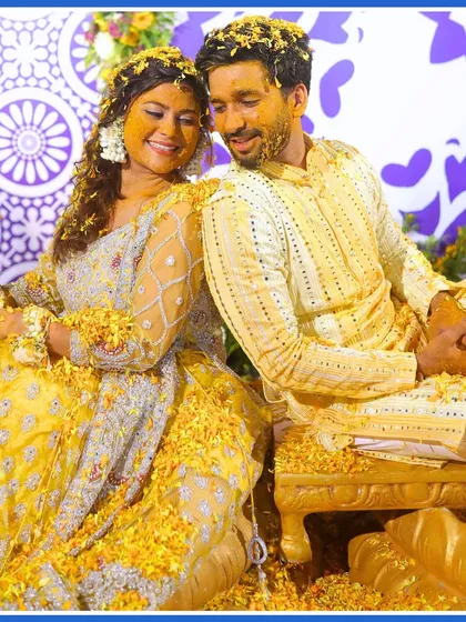 Haldi on fleek, love even more so. A beautiful, intimate portrait of the couple during their Haldi ceremony.