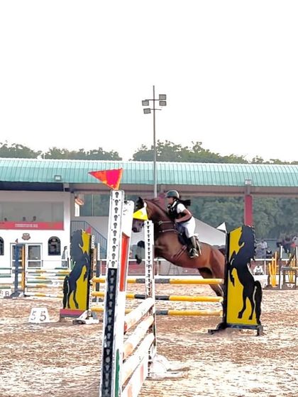 A rider and horse mid-flight over a challenging obstacle. This is the result of dedicated practice and expert coaching.