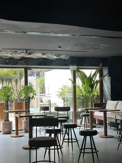 Inside Thanks & Beyond, we placed a variety of potted plants to frame the large windows. This biophilic design strategy helps blur the line between indoors and outdoors, making the space feel more open and connected to nature.