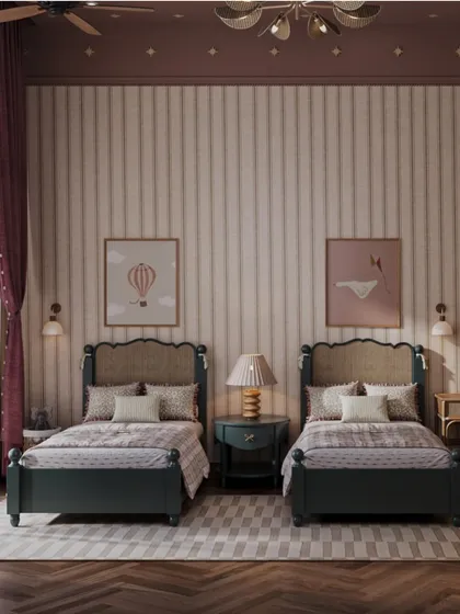 This shared children's bedroom is a study in symmetry and calm. I used twin beds with classic frames and woven headboards, set against a backdrop of subtle striped wallpaper and warm, earthy tones to create a space that feels both personal and harmonious.