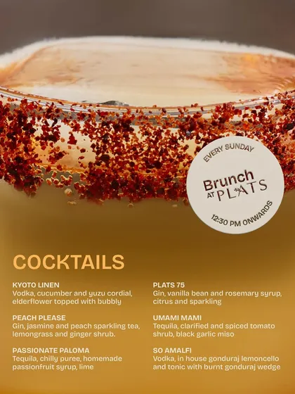 A beautifully designed cocktail menu from one of our August brunches, featuring creative mixes like the Kyoto Linen and Plats 75.