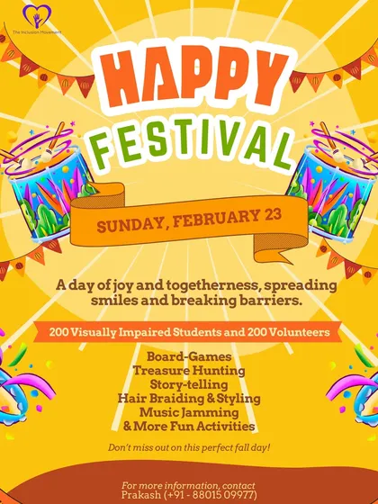 Join us at the Happy Festival! This event is a day of joy and togetherness, bringing visually impaired students and volunteers together to break barriers and spread smiles.
