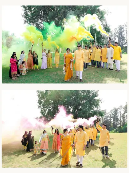 The energy of an Indian wedding is infectious, and I love capturing it. This shot from a Haldi ceremony, with the couple making a grand entrance amidst bursts of colored smoke, showcases the fun, vibrancy, and large-scale celebrations I am experienced in handling.