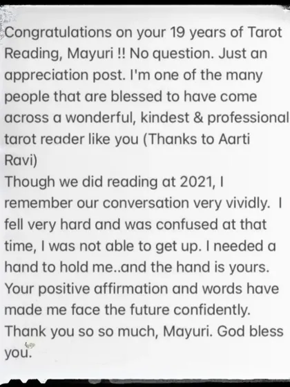 A beautiful appreciation post from a client who felt I gave them a hand to hold when they had fallen hard and were confused. My words helped them face the future confidently.