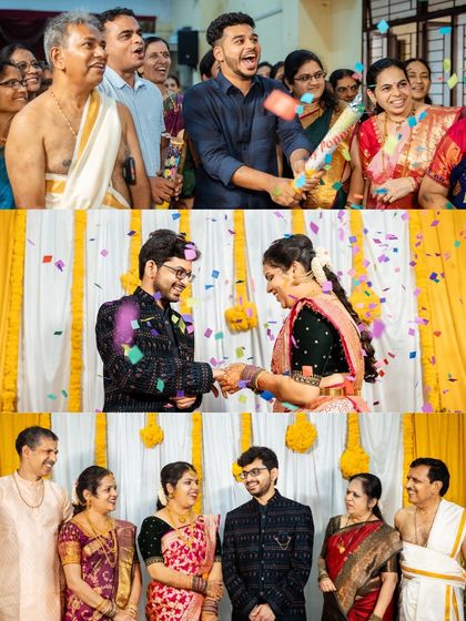 The celebration begins! Capturing the confetti-filled excitement and family portraits at an engagement party.