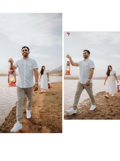 A two-panel shot showing the groom-to-be leading the way with a lantern, creating a narrative of guidance and shared journey.