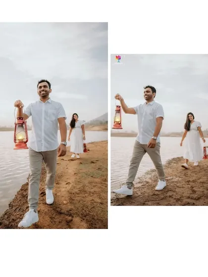A two-panel shot showing the groom-to-be leading the way with a lantern, creating a narrative of guidance and shared journey.