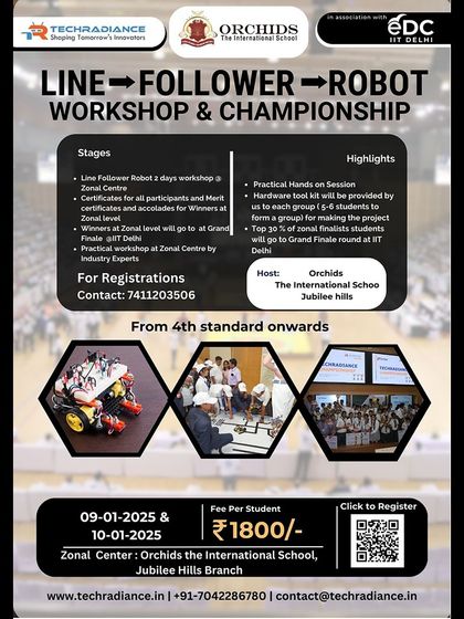 Announcing our Line-Follower Robot Workshop & Championship. This event, open to students from 4th standard onwards, includes a 2-day practical workshop leading up to the zonal competition.