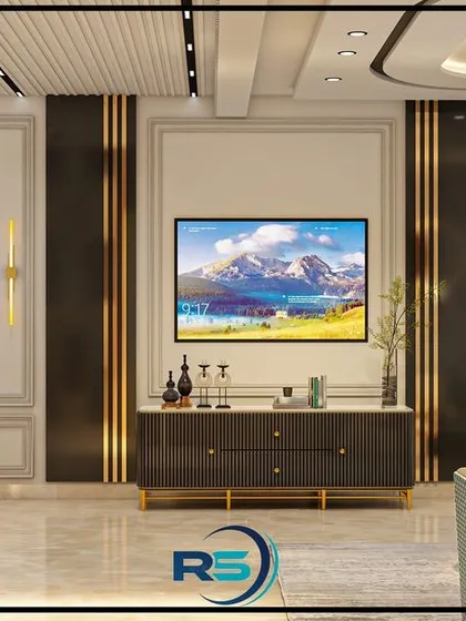 A design for a living room TV wall unit, showcasing a balanced composition with elegant wall molding and sleek doors. The marble flooring and sophisticated ceiling design complete the luxurious look.