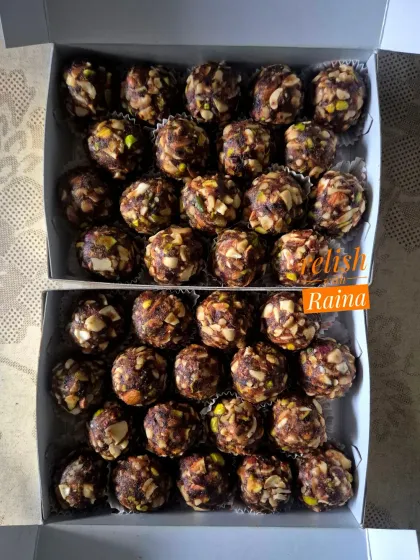 Two boxes of my no-sugar, no-flour Dry Fruit Laddoos packed and ready to go. I can customize the dry fruits used based on your preference and budget.