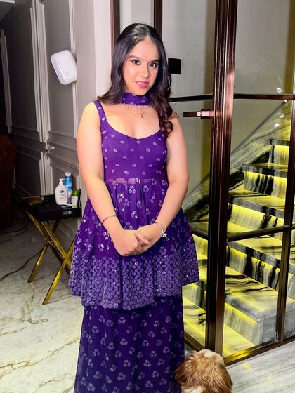 The full look, a lovely purple peplum top and sharara set, perfect for a guest.