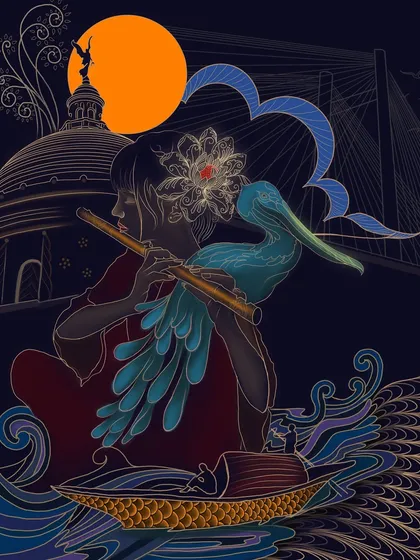 My digital illustration work allows me to blend moody, atmospheric backgrounds with glowing, intricate linework. This piece, 'Sonar Tori,' is an ode to my roots in Kolkata, weaving together landmarks and myths. This style is perfect for creating personalized digital artwork or unique prints that carry a dreamlike quality.