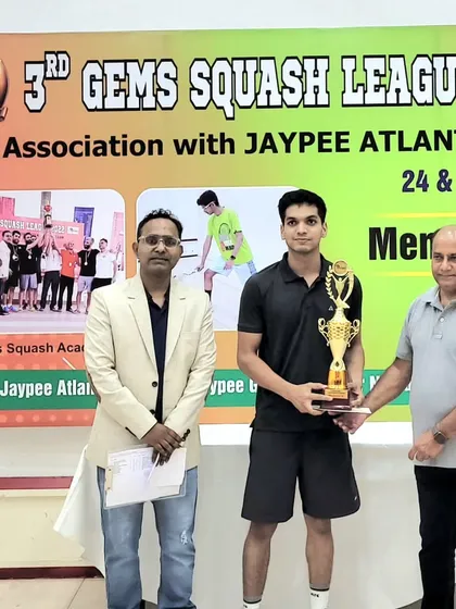 Runner-up Rounak Yadav being awarded his trophy in the Men's category of our 2023 squash league.