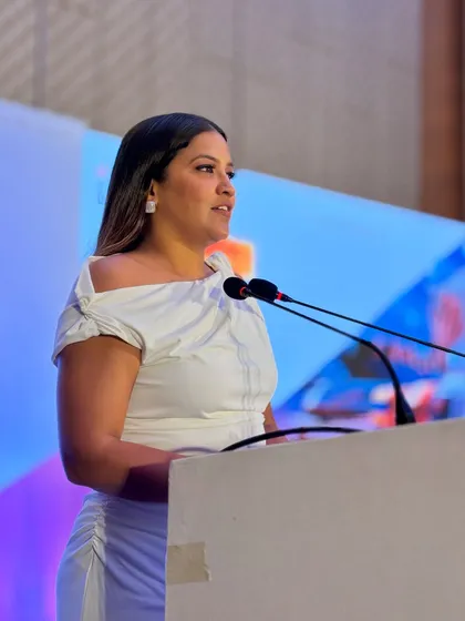 A close-up shot while speaking at the Pharma & Med Devices Conclave. My focus is always on clear and articulate communication.