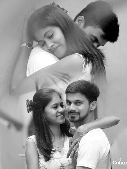 A romantic black and white double exposure, blending a close-up portrait with a tender embrace.