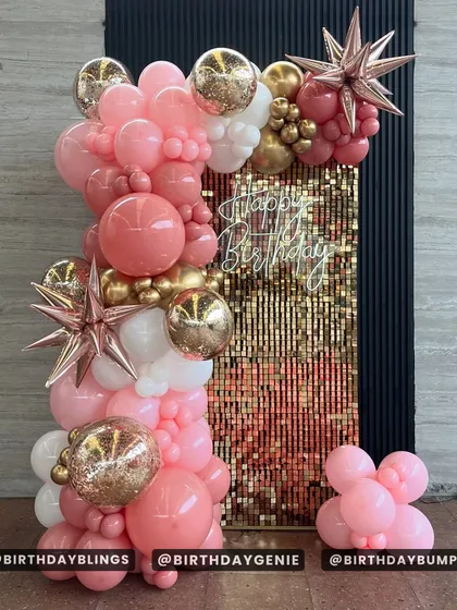 A slightly different arrangement of the rose gold and pink balloons, showing customization options.
