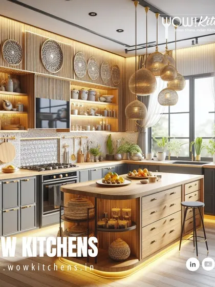 A beautiful fusion of modern and traditional Indian design. This kitchen features an island with intricate woodwork, open shelving with decorative plates, and elegant pendant lighting.