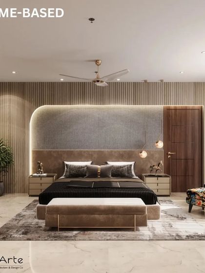 A theme-based bedroom design that exudes modern elegance. The fluted wall panels, integrated backlighting, and earthy tones create a cohesive and serene retreat.