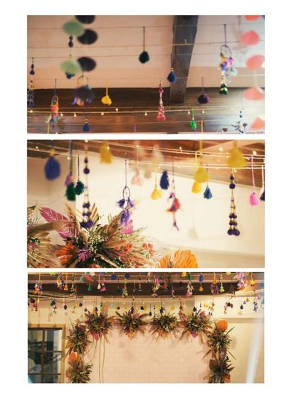 A collage showing the different elements of our boho-chic Mehendi decor. The combination of colorful tassels and dried floral arrangements created a unique and memorable aesthetic.