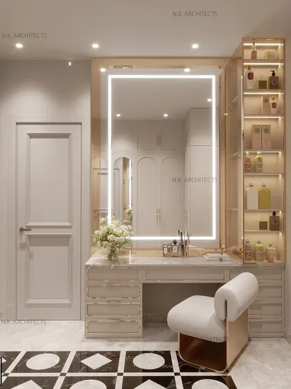 We transformed this dresser area into a detailed sanctuary. From the intricate black and white flooring to the illuminated vanity mirror and organized shelving, every element adds a touch of elegance.