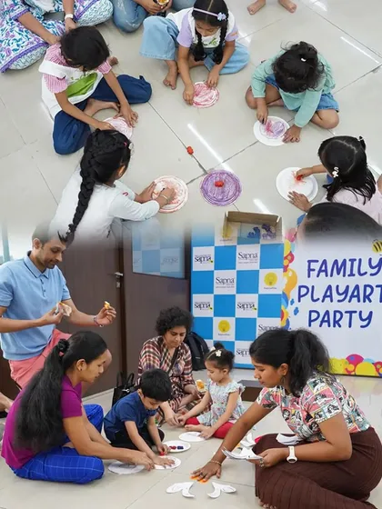 Parents are always welcome to join the fun! Here you can see families working together on art projects, making it a truly collaborative and bonding experience.