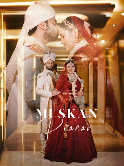 A stunning double-exposure portrait of the couple in a grand hallway. This artistic shot blends a full-length photo with a romantic close-up, creating a memorable wedding image.