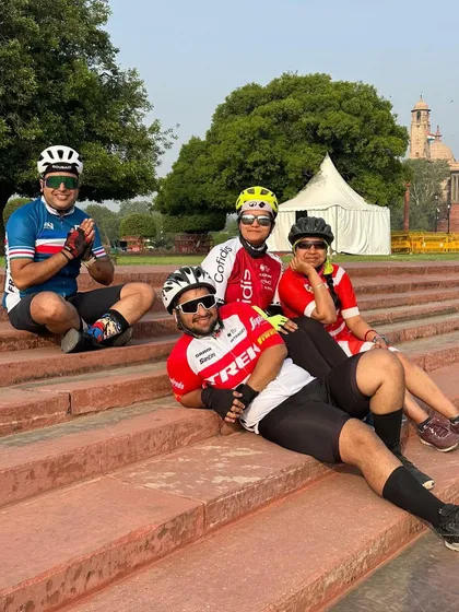 The group relaxing on the steps at Vijay Chowk. It's a great spot to rest and take in the magnificent views.