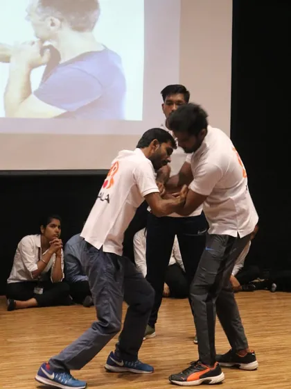 Another angle of our demonstration, showing how to use leverage to control an attacker during the GL Bajaj workshop.