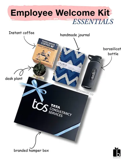 This is how we redefine employee onboarding. For our client TCS, we created this welcome kit with essentials like a branded borosilicate bottle, a handmade journal, and artisanal coffee, ensuring every new hire feels valued from day one.