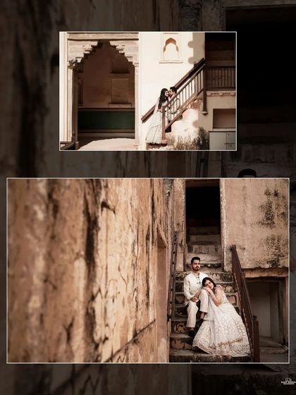 A collage capturing quiet moments within the rustic, textured walls and staircases of Amer Fort, showcasing the palace's hidden, romantic corners.