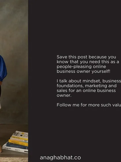 A call to action for other people pleasing online business owners to save this post. I share tips on mindset, business foundations, marketing, and sales.