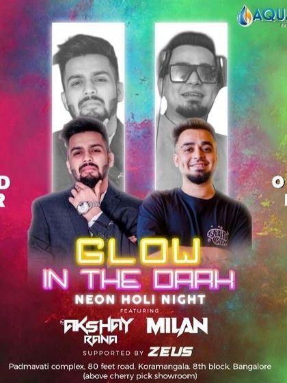 A poster for a "Glow in the Dark" Neon Holi Night. Themed parties like this are always fun, combining great music with a unique visual experience.