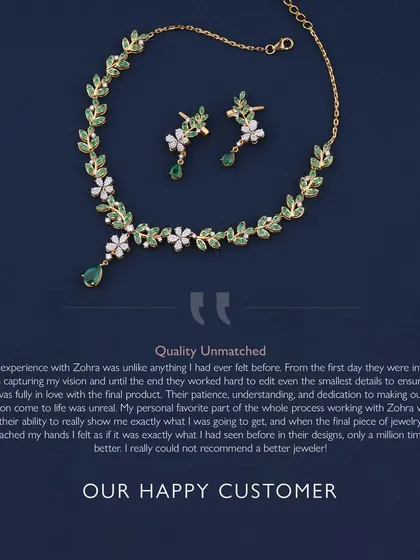 This client testimonial highlights the joy of co-creating a dream piece. The nature-inspired necklace set, with its emerald and diamond leaves, was a collaborative journey from start to finish, resulting in a piece that was a million times better than imagined.