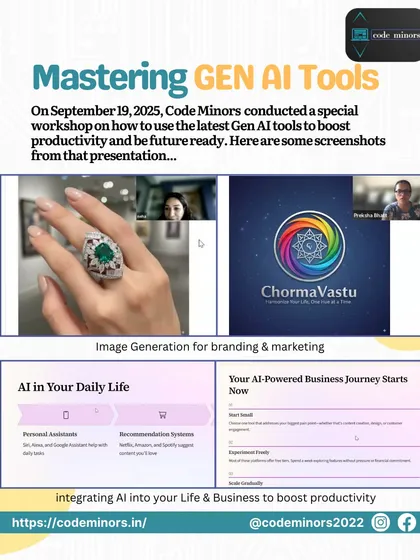This collage captures key moments from our "Mastering Gen AI Tools" workshop. We guided business owners and professionals on using AI for practical tasks like image generation for branding and creating automated business workflows, helping them integrate AI to boost productivity.