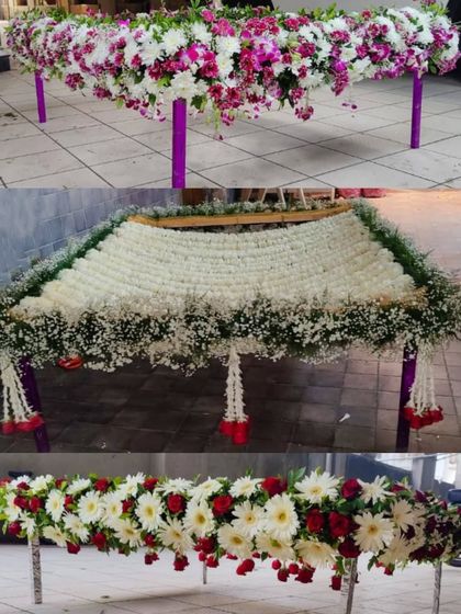 This image showcases the variety we offer. You can see a design with purple orchids, a popular all-white baby's breath chadar, and a vibrant mix of red and white gerberas.