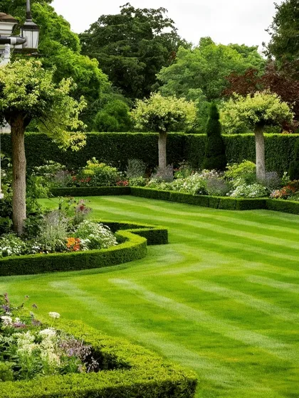 A classic formal garden with a striped lawn and curved, sculpted boxwood hedges. The layered planting with colorful flowers adds depth and a traditional feel to the landscape.