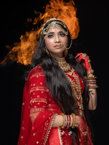 Transform into royalty for a day. I offer complete themed looks for rent, including this intricate Padmavathi costume with all the jewelry and professional makeup, set against a dramatic studio backdrop to create a powerful portrait.